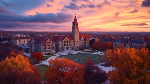Sunset skyline over collegiate clocktower and stadium grounds.