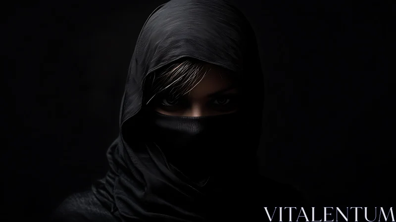 Mysterious hooded figure with striking, watchful eyes.