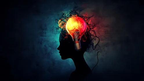 Silhouetted human profile with incandescent brain lightbulb glow