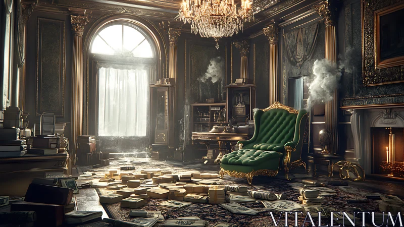 Opulent library lounge rests in dust and golden light.