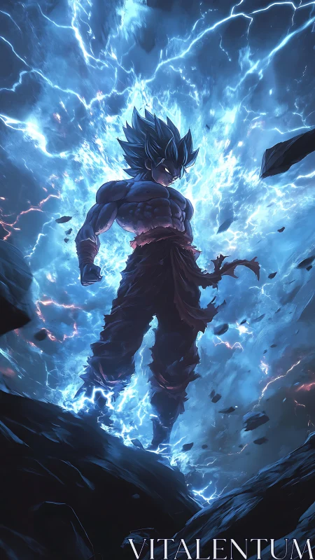 Electrified warrior ascends through storming cosmic energy.