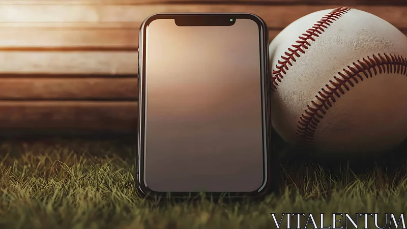 Smartphone leans beside baseball on sunlit field edge