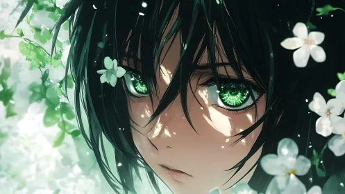 Anime close-up portrait with luminous green eyes and florals.