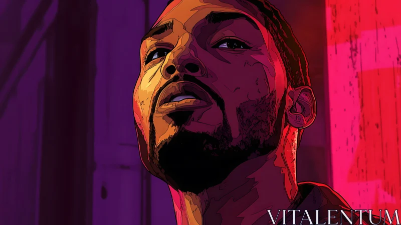 Neon-lit loner tilts toward the glow of a restless night.