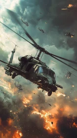 Attack helicopters storm burning warzone under dark skies.