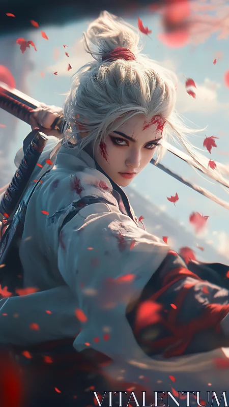 Fierce white‑haired warrior in a storm of scarlet petals.