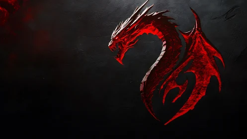Crimson dragon emblem arcs in shadowed black void.