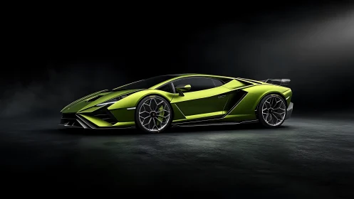 Neon green hypercar prowls through sculpted shadow and light.