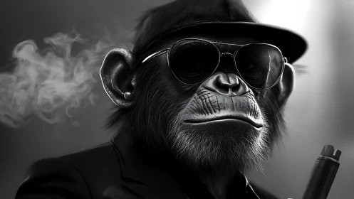 Chimpanzee hitman wears sunglasses in noir monochrome portrait.
