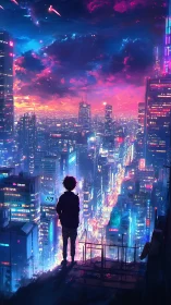 Silhouetted figure overlooking neon cyberpunk cityscape.