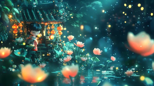Lantern-lit koi pond with chibi girl in serene night garden.