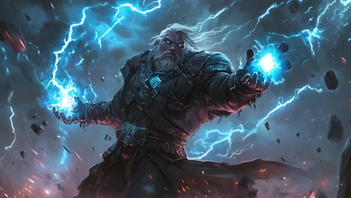 Stormforged sorcerer calling down wild blue lightning.