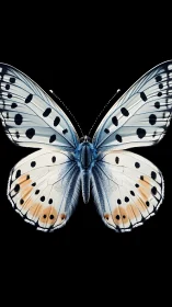 Blue spotted butterfly with symmetrical open wings on black.