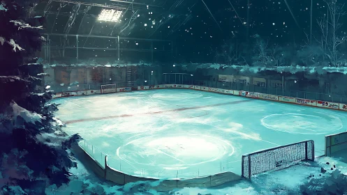Snowlit outdoor ice hockey rink under winter night sky