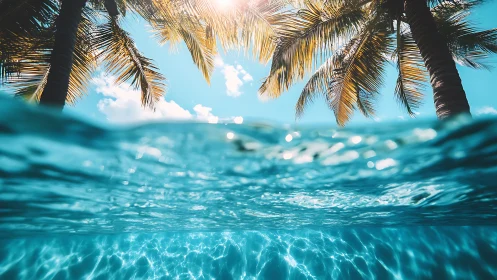 Sunlit tropical palms meet crystal clear turquoise sea.