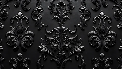 Symmetrical black baroque relief pattern with glossy ornamental scrollwork