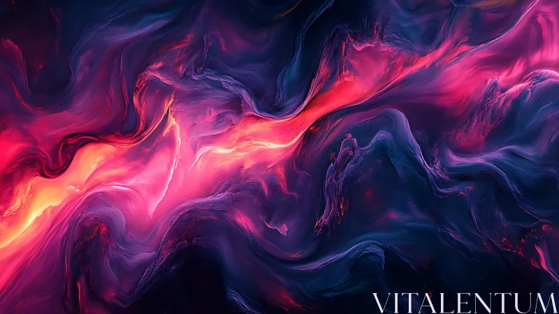 Neon magma flow cuts through swirling cosmic shadows.