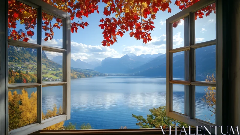 Open window frames serene alpine lake in crisp autumn light.