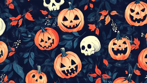 Playful jack o&rsquo;lanterns glow among spooky skull friends