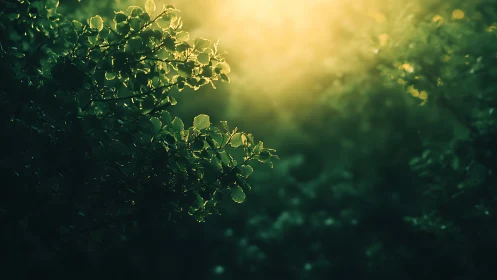 Sunlit Leaves in Lush Green Forest with Dreamy Soft Focus.