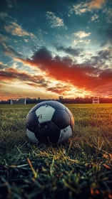 Weathered soccer ball rests on field under fiery sunset sky
