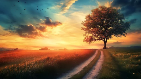 Solitary field tree beside rural path at sunset light.