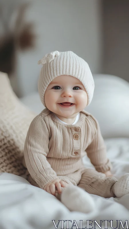 Smiling Infant in Cream Knit Ensemble with Matching Beanie Cap.