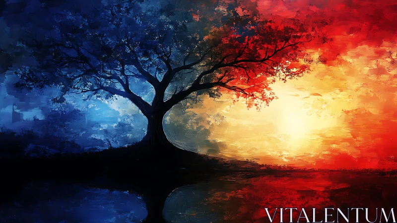 Twilight covenant tree dividing ember dawn and cobalt night.