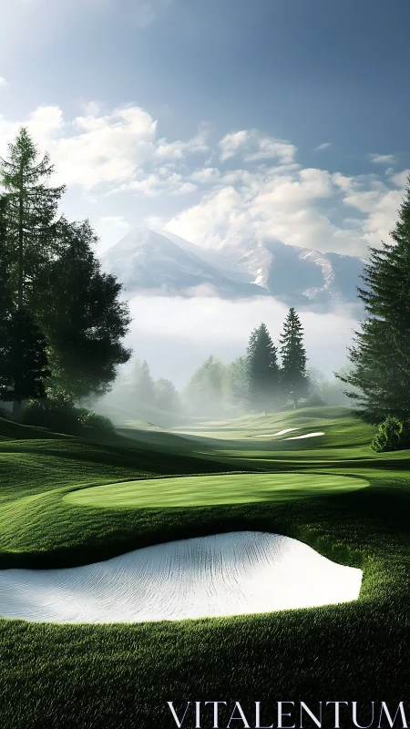 Photorealistic alpine golf fairway with sculpted bunkers design.