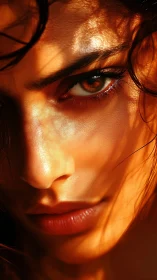 Close-up portrait isolates face under directional warm light