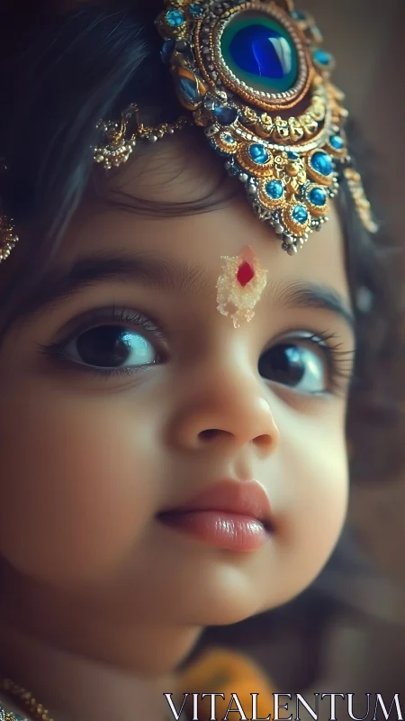 Regal-eyed toddler muse with jeweled crown and quiet wonder.