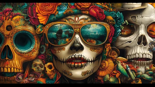 Symmetrical sugar skull portrait integrates mirrored urban reflections