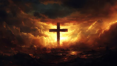 Lone cross stands in blazing storm-lit, fiery heavens.