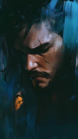 Scarred male portrait in dark blue digital painting style.