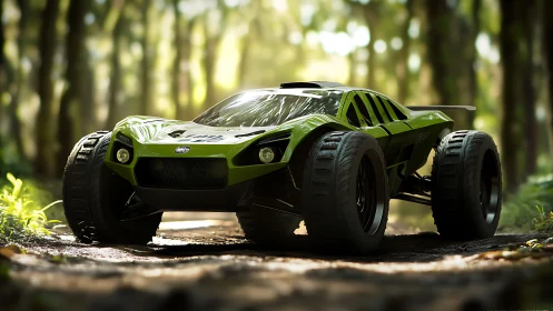 Green off road RC car on forest track in bright daylight.