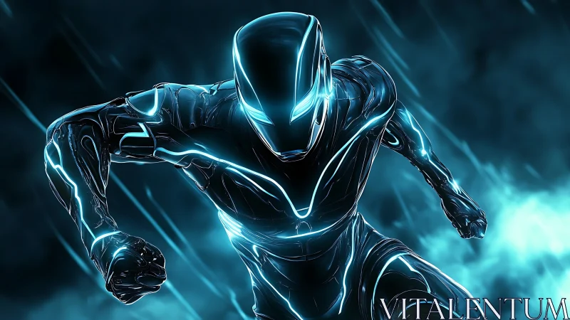Cyan-lit cybernetic sprinter charging through digital storm.