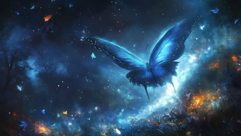 Luminescent blue butterfly ascends through a cosmic night storm