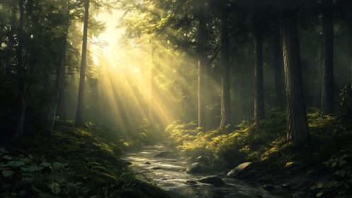 Golden Sunlight Pierces Misty Old-Growth Forest Stream