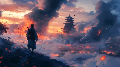 Lone samurai watches burning pagoda under blazing dusk sky.