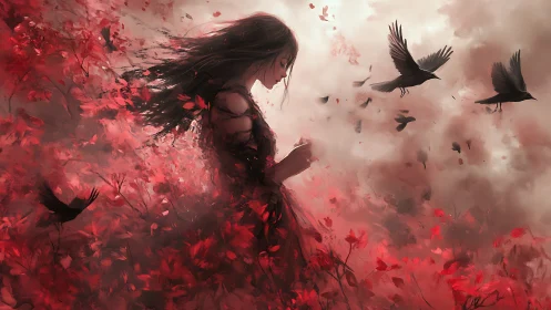Solitary woman amid crimson petals and circling crows.