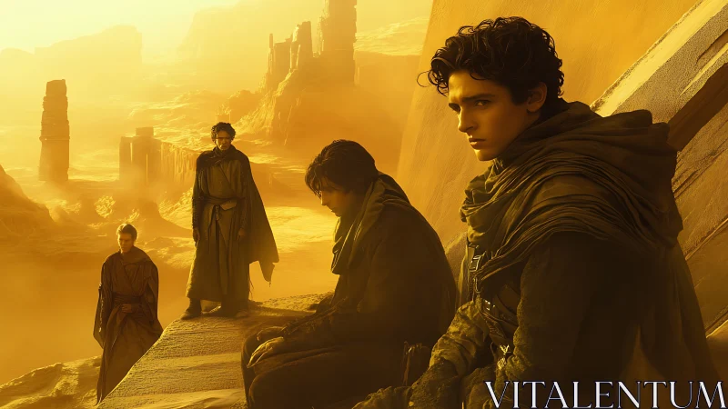 Desert heirs pause on golden ruins, weighing stormy destinies.