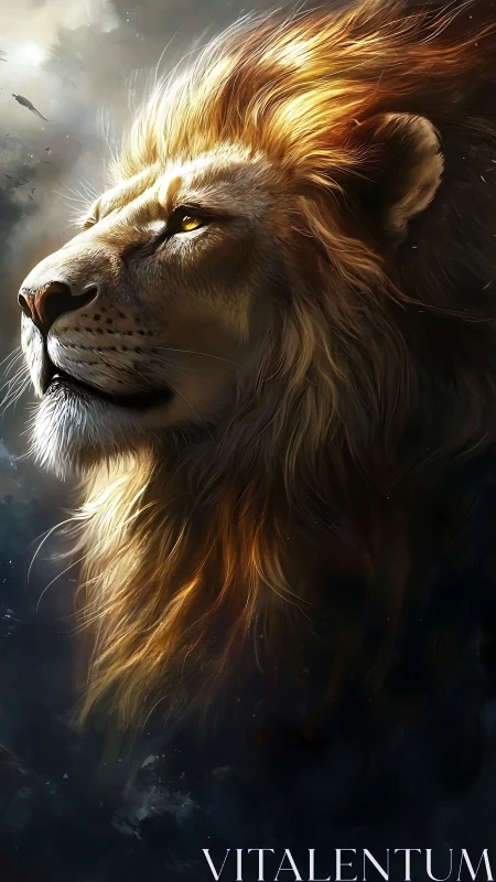 High contrast lion portrait with dynamic rim lighting and windblown mane