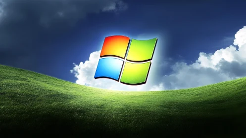 Windows logo over classic Bliss landscape in digital art style.
