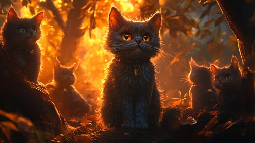 Black Cats with Luminous Eyes in Fiery Inferno Environment