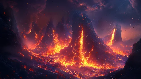 Infernal Volcanic Canyon: Luminous Lava Flow and Towering Geological Formations.