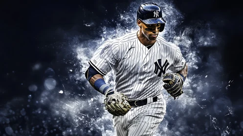 Baseball slugger sprints through explosive smoky backdrop.