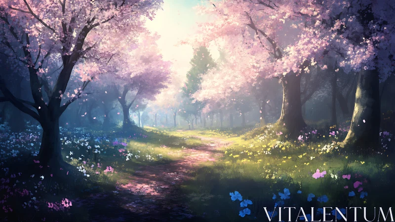 Digital forest path under pink blossom trees in spring light.