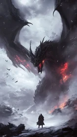 Volcanic-shadow dragon confronting lone cloaked warrior