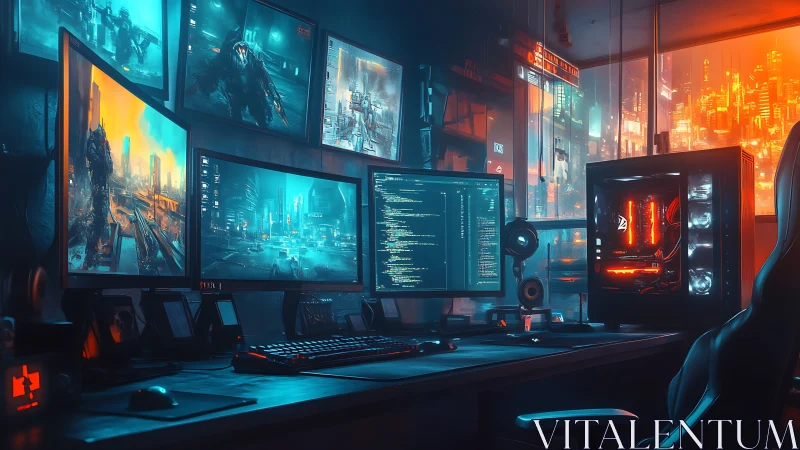 Cyberpunk workstation glows in teal-orange high-contrast lighting