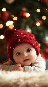 Infant wearing red knit hat before defocused lights.